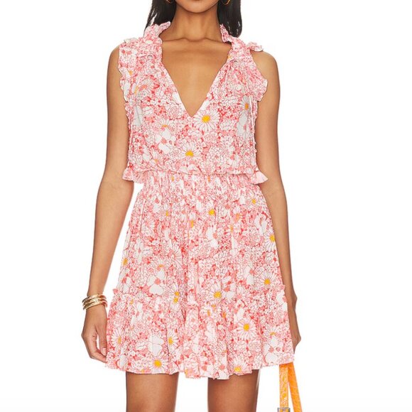 Poupette St Barth Triny V Mini Dress in Orange Mid 70's Garden Floral XS NWT - Picture 1 of 5